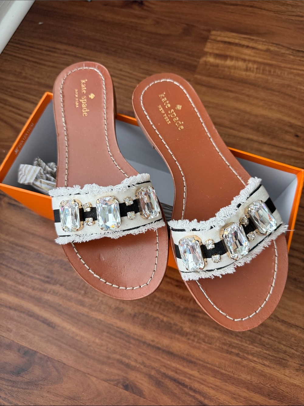 kate spade Crystal-Embellished White Frayed Slide Sandals